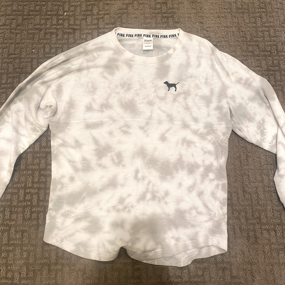 Victoria’s Secret loose fitting, grey and white tye dye looking sweatshirt.